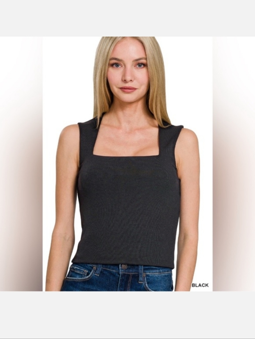 Women's Zenana Black Square Neck Ribbed Tank Top Size Medium